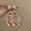 Close-up of elegant champagne crystal flower earrings with sparkling amber teardrops - 5# Silver Needle - Gold Pink