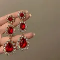 Luxurious red teardrop zircon earrings with elegant sparkling flower cluster design - 7# Silver Earring Post - Gold - Red