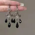 Detailed view of vintage silver flower earrings with sparkling zircon and black bead dangles. - 8# Silver Earring Post - Coffee Gold - Black