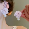 Elegantes pendientes de flores de encaje rosa con perlas y estilo Mori delicado - Poste de Plata de Ley 925 Estilo de Flor de Perla Artificial Rosa (59#) / Rosa