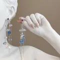 Exquisite blue flower long tassel dangle earrings for women - 32# Silver Needle - Silver Blue