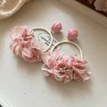 Pendientes de aro con flores de gasa rosa elegantes de estilo Mori para accesorios - Poste de Acero Estilo de Flor de Gasa Redonda Rosa (62#) / Rosa