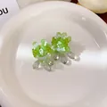 Pendientes de flores con cuentas verdes y gotas de cristal tallado iridiscente - 80# Pendientes de Botón de Flor con Borla Verde / Verde