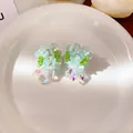 Elegantes pendientes de flores de cuentas verde claro con borlas de cristal - 79# Pendientes de Botón de Racimo de Flores Tejidas Azul / Azul