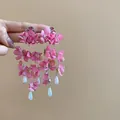 Elegantes pendientes de flores de tela rosa con borlas y colgantes de perlas mujer - 99# Pendientes de Borla de Flor de Tela Rosa / Rosa