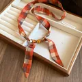 Handmade vintage orange plaid chiffon necklace with wood and ceramic beads jewelry - Orange Squares