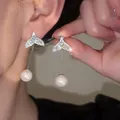 Elegantes pendientes de cola de pez brillantes con perla y una cadena larga y delicada - Estilo de Perla con Borla Larga y Strass de Cola de Pez (100#) / Plateado