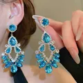 Elegant chandelier earrings with vibrant blue crystals and sparkling zirconia stones - 51# Silver Needle-Gold-Blue