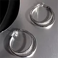 Elegant minimalist double hoop earrings with a textured silver-tone finish and mesh detail - 77# Silver Post Style (3.9cm)(77#) / 3.9CM / Silver