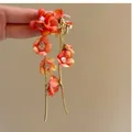 Elegantes pendientes de borla con flores de tela naranja y cadenas doradas para vacaciones - Estilo de Flor Naranja con Borla Dorada Larga (93#) / Oro Naranja