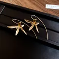 Elegant golden orchid flower drop earrings with stylish long hooks minimalist jewelry - 3# Gold Orchid Shape Ear Hook Style / Gold