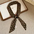 Vintage brown floral skinny scarf necklace with bead fastener for elegant women. - Green Floral