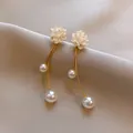 Elegant flower stud earrings featuring long golden chain and white faux pearl drop tassels - 43# 3D Flower Tassel Pearl Style / Gold-White