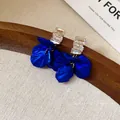 Elegant blue floral earrings with baguette crystals and silver needles for SKU variant. - 47# Blue Petal Rhinestone Tassel Style / Blue