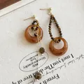 Unique asymmetric brown resin hoop and tiger eye bead tassel earrings with gold studs - 51# Dark Coffee Resin Ring Tiger Eye Style Tassel / Brown
