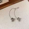 Elegant silver-toned long curved pearl earrings featuring irregular metallic flower buds - 49# Silver Arc Artificial Pearl Tassel Style / Silver