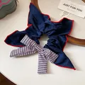 Premium navy blue fabric hair scrunchie with red trim and classic plaid bow detail - 63# Hair Tie (Single) / Blue