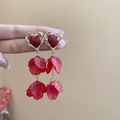 Elegant red heart stud earrings featuring delicate cascading red flower petal tassels - 89# Dark Red Heart Shape Petal Tassel Style / Red