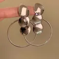 Silver-toned dangling hoop earrings with irregular metal plates and cubic zirconia - 104# Disc Studded Silver Earring Post Style / Silver