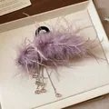 Elegant dusty pink feather hair clip featuring sparkling rhinestone and bead tassels - 68# Hair Claw (Single) / Purple
