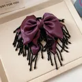 Elegant purple satin bow hair clip featuring long black beaded tassels for a chic look. - 70# Hair Claw (Single) / Purple-Black