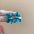 Elegant matte green flower stud earrings with oval emerald-colored crystal center - 96# Matte Flower Studded Silver Earring Post Style / Dark Green