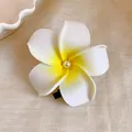 Elegant white and yellow frangipani flower hair clip with a central pearl for vacation hair styles - Alligator Clip - White Yellow Large