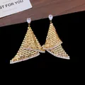 Luxurious gold triangular mesh tassel earrings with sparkling cubic zirconia stones - 140# Triangular Metal Mesh Tassel Silver Earring Post Style / Gold