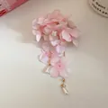 Close-up of pink fabric flower hair clip with delicate water drop pearl pendants - Duckbill Clip (27#) / Pink