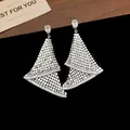 Silver triangular mesh tassel earrings with teardrop crystal studs for elegant look - 141# Triangular Metal Mesh Tassel Silver Earring Post Style / Silver