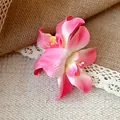 Close-up of pink fabric orchid flower hair clip on rustic burlap and lace background. - Alligator Clip - White Pink