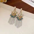 Elegant vintage style flower tassel earrings with crystals and colorful peacock beads - Flower Beaded Tassel Style (60#) / Gold-Blue