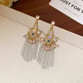 Elegant floral tassel earrings with sparkling pink crystals and long silver chain fringe. - Vintage Court Style Tassel Style (59#) / Gold-Pink