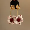 Elegant flower tassel earrings with hammered gold metal and red polka dot fabric design - Polka Dot Fabric Flower Tassel Style (71#) / Gold-White