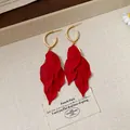 Elegant S925 silver needle earrings featuring vibrant red leaf tassels for a chic look. - French Vintage Leaf Tassel Style (88# Silver Earring Post) / Red