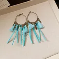 Elegant bohemian style light blue tassel hoop earrings with silver needle post. - Bohemian Vintage Tassel Ring Style (101# Silver Earring Post) / Blue