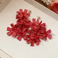 Elegant red fabric flower fringe earrings with sparkling crystal studs for women - Multi-Layer Red Fabric Flower Style (82# Silver Earring Post) / Red