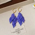 Elegant purple leaf tassel earrings with golden hoop design presented in variant view - Purple Matte Leaf Tassel Style (87# Silver Earring Post) / Purple
