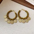 Vintage bohemian hoop earrings with green wooden beads and gold coin pendants - Wooden Bead Coin Hoop Style (58# Silver Earring Post) / Gold + Coffee