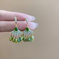 Elegant gold-tone fan fringe earrings decorated with green gemstones and faceted beads - Vintage Fan Gemstone Tassel Style (86# Ear Hook) / Green
