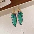 Exquisite translucent green cicada wing earrings with rhinestones and gold plated hooks - Dark Green Cicada Wing Tassel Style (65# Ear Hook) / Green