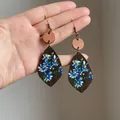 Vintage handmade wooden teardrop dangle earrings featuring hand-painted blue floral patterns - 55# Painted Blue Floral Wood Teardrop Earrings / Brown