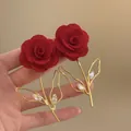 Elegant red fabric rose flower earrings with gold stem and crystal leaves for women - 146# 3D Fabric Rose Zircon Leaf Earrings / Red