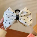 White fabric bow hair claw clip with black floral embroidery and metallic accents - 54# Hair Claw - Fabric Embroidered Flower (HH8413) / White