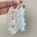 Handmade elegant white fabric flower tassel drop earrings with golden chain detail - 119# 3D Chiffon Petal Long Tassel Earrings / White