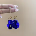 Elegant royal blue flower petal tassel earrings with gold bars and clear crystal studs - 105# Royal Blue Matte Multi-Layer Petal Tassel Earrings / Blue