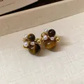 Luxury flower cluster stud earrings featuring brown tiger eye beads and mini pearls - 112# Vintage Flower Cluster Artificial Pearl Rhinestone Stud Earrings / Brown
