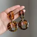 Leopard print resin geometric drop earrings with gold metal links fashion jewelry. - 109# Vintage Geometric Leopard Resin Hollow Earrings / Leopard Print