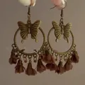 Vintage bronze butterfly hoop earrings with brown fabric floral tassels for elegant look. - Butterfly Fabric Tassel Style (56#) / Gold Brown