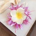 Elegant tropical white plumeria hair clip featuring purple silk flower petals and tassels - Alligator Clip - Purple